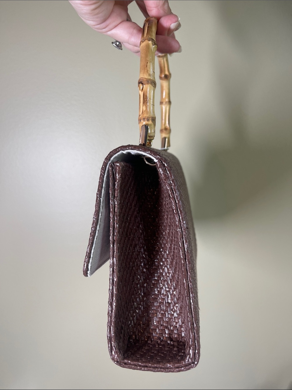 Tommy Bahama Brown Woven Satchel with Bamboo Handle - Picture 3 of 5